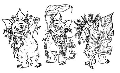 Set of cartoon characters with different muzzle and poses, fairytale funny creatures, forest hares with little eyes, big ears and noses, with plant and flowers on a body, with large leaves in a paws.
