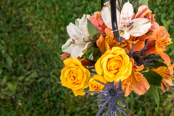 Flower arrangement at a wedding reception