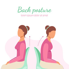 Back posture graphic manual. Correct and incorrect way of posture. Woman slouch and woman erect posture. Vector illustration 