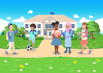 Happy boys and girls of different nationalities with backpacks and books go to school. Preschool education vector illustration in flat style.