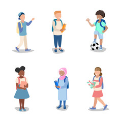 Happy boys and girls of different nationalities go to school with backpacks and books. Vector set of school children isolated on white background.