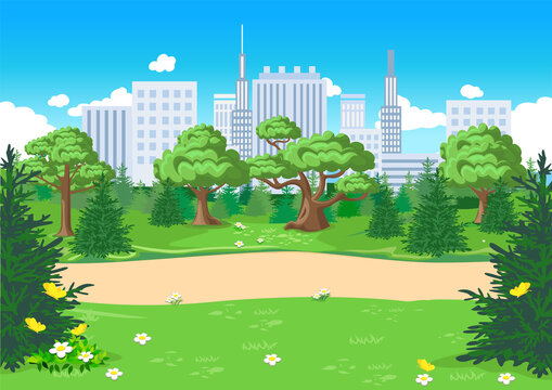 Vector illustration of a public park with a footpath in a big city with skyscrapers. Horizontal illustration of a city park in a cartoon style.