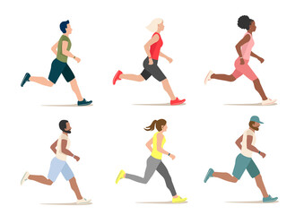 Fototapeta na wymiar Men and women of different nationalities are running together. Sports people vector illustration in flat style isolated on white background.