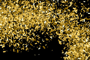Golden Explosion Of Confetti. Gold Glitter Texture Isolated On Black. Amber Particles Color. Celebratory Background. Vector Illustration, Eps 10.