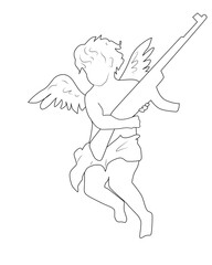an angel and a weapon . Angel with wings, black and white style.