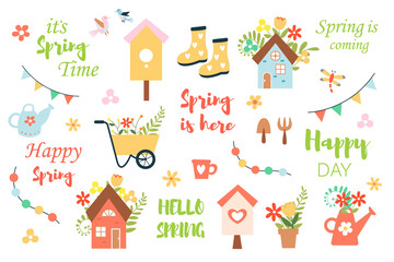 Set of cute elements: house, lettering, birdhouse, watering can, birds, flowers, garden cart, boots and others. Cute illustration. Hand drawn flat cartoon.
