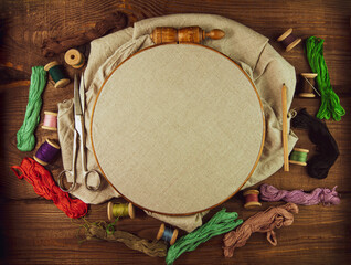 Embroidery needlework background Linen in hoop mockup. Colorful floss thread scissors card tag....