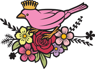 Bird in flowers with crown color vector (sparrow)