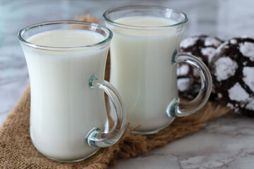 Two glasses with milk and homemade chocolate chip cookies on a gray background.
Close-up.