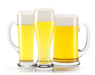 Set of fresh light beer glasses with bubble froth isolated on white background.