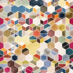 Seamless pattern of hexagons in random colors in watercolor. High quality illustration. Tile mosaic arrangement of triangles, trapezoids, and hexagons, in honeycomb arrangement. Design for print.