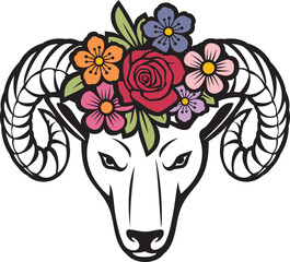 Ram head with flowers (vector illustration)