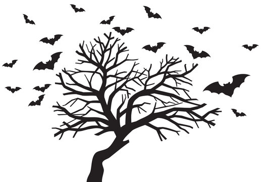 Spooky tree flock of bats vector icon