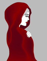 A profile portrait of a woman in a red hooded outfit is featured. 