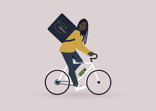 Food delivery service, a young female Black courier riding a bike