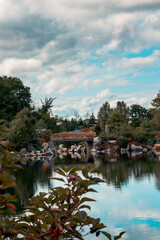 Fototapeta na wymiar Reflecting the bridge and sky off the lake at the japanese garden in Grand Rapids Michigan