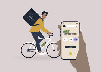 Tip your courier mobile app interface, a young male character riding a bike, a delivery service