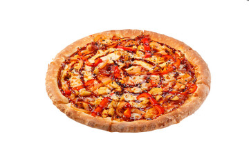 Side view on BBQ Chicken pizza with tomatoes and paprika