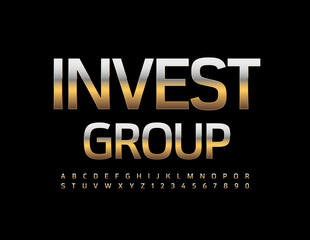 Vector business Sign Invest Group, Modern Metallic Font. Luxury Alphabet Letters and Numbers