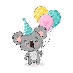 Cute cartoon koala bear with balloons isolated on white background. Birthday card