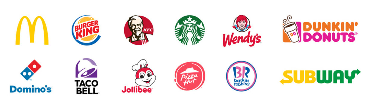 Popular fast food restaurants logo set: McDonald's, Starbucks, Subway, KFC, Burger King, Domino's, Pizza Hut, Taco Bell, Dunkin' Donuts, Baskin Robbins, Wendy's, Jollibee. Isolated vector.