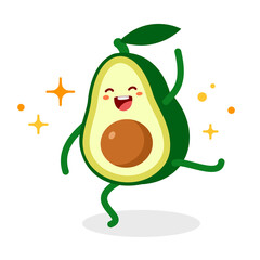 Vector illustration of happy dancing character green and yellow avocado on white color background
