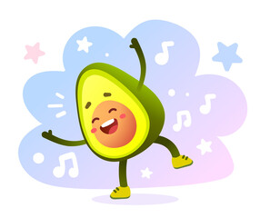 Vector illustration of happy dancing character green and yellow avocado with cloud on white color background