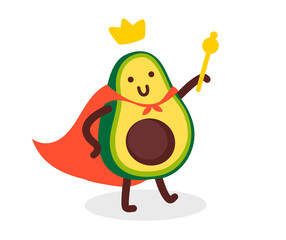 Vector illustration of cute happy character green and yellow avocado with smile and crown on white color background with shadow, king avocado