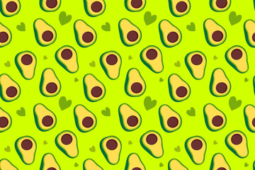 Vector seamless pattern with green and yellow avocado with core on color background