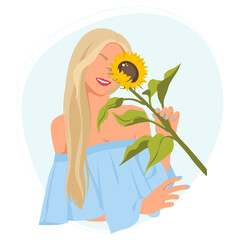 Vector illustration with a girl and a sunflower. Summer flat picture. Summer time 