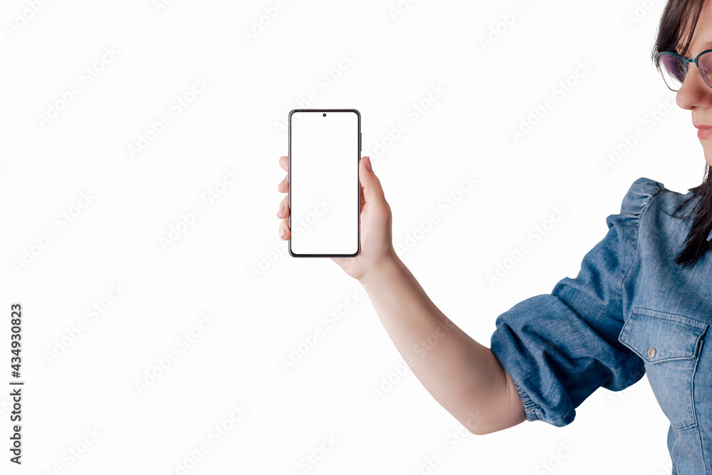 Poster Girl with hand outstretched points to the front of the phone. Isolated display and background for app design presentation