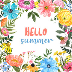 Watercolor botanical floral frame. Hand painted pink, yellow and blue wild flowers, greenery , foliage, herbs on white background with space for text. Square frame template for cards, invitations.