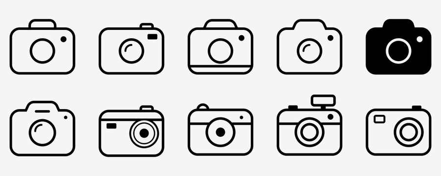 Photo camera icons set. Camera symbol collection. Black transparent video shutter. Photo icon set. Vector EPS 10