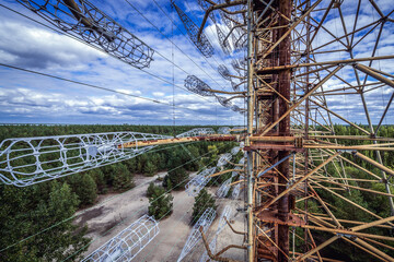 old rusty Soviet Duga radar in abandoned military base in Chernobyl Exclusion Zone, Ukraine