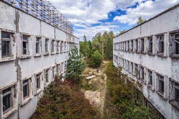 Communication building of old Duga radar in abandoned military base in Chernobyl Exclusion Zone,...