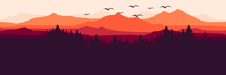 flat design vector of mountain with pine forest for web banner, blog banner, wallpaper, background template, adventure design, tourism poster design and backdrop design