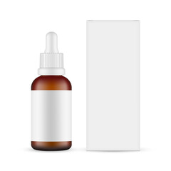 Plastic Frosted Amber Dropper Bottle Mockup with Blank Label, Paper Box Front View, Isolated on White Background. Vector Illustration