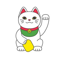 Maneki neko - a lucky Asian smiling cat. Vector illustration