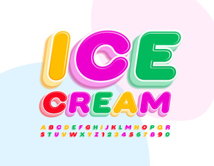 Vector yummy sign Ice Cream with Bright 3D Font. Colorful creative Alphabet Letters and Numbers set