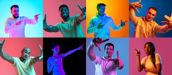 Portraits of group of people on multicolored background in neon light, collage.