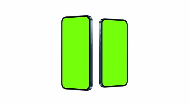 Blue Phones Animated Mockups with Green Screens, Side View, Isolated on White Background