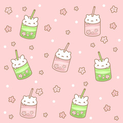 Kawaii pattern with cute drinks and sakura on pink background

