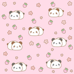 Kawaii pattern with panda, sakura and strawberries on a pink background.
