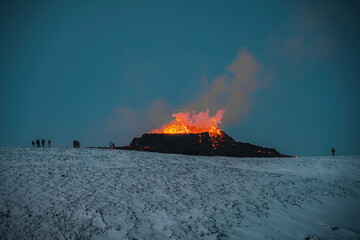 Iceland Volcanic eruption 2021. The volcano Fagradalsfjall is located in the valley Geldingadalir...