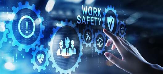 Work safety HSE Regulation rules business concept on screen - obrazy, fototapety, plakaty