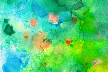 Fototapeta na wymiar 水彩テクスチャ背景(緑色) 緑と青が滲む鮮やかな水彩背景