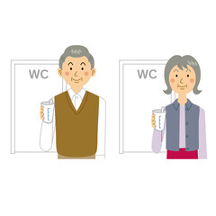 検尿検査をするおじいさんおばあさん