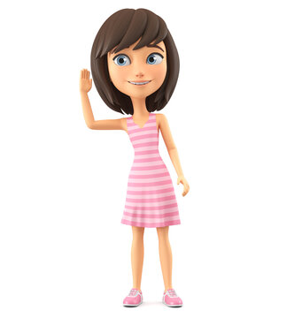 Cheerful cartoon character girl in a pink striped dress overhears the news. 3d render.