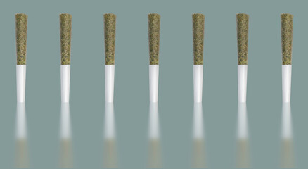 Preroll marijuana joints standing on end with a reflection in front and a green artisan background