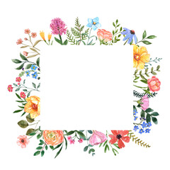 Watercolor wild flowers botanical square frame with blank space for text. Hand painted pink, yellow, blue summer meadow flowers and herbs. Colorful floral border, invitation template. - 434934072